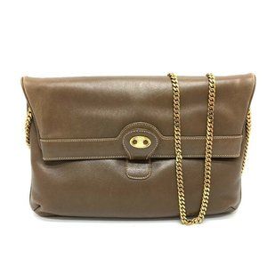 AUTHENTIC CELINE Logo Hardware vintage Chain Clutch Shoulder Bag Leather Brown